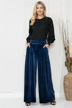 Velvet Wide Leg Pants Outfit, Blue Flowy Pants, Velvet Two Piece, Velvet Wide Leg Pants, Wide Leg Pants Outfit, Strapless Sundress, Farm Clothes, Leg Pants Outfit, Classic White Shirt