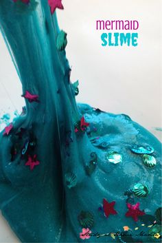 there is a blue slime with stars on it and the words mermaid slime