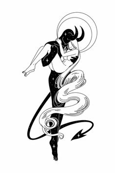 a black and white drawing of a woman dancing