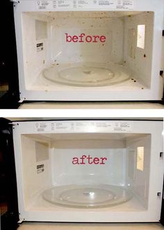 two pictures of an open microwave with the words after and after written in red on it