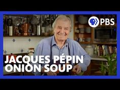 an older man is smiling in front of a blue background with the words jacques pepin eggs jeanette