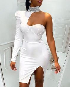 White Knee Length Dress, Bodycon Dress Online, All White Party, Sequin Bodycon Dress, Party Package, Neck Bodycon Dress, Hottest Fashion Trends, Looks Chic, White Party