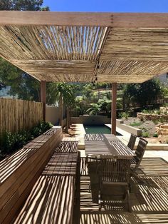 an outdoor dining area with wooden tables and chairs under a pergolated roof over a swimming pool