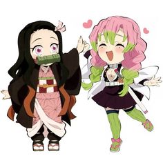 two anime characters with pink hair and green eyes, one is holding her mouth open