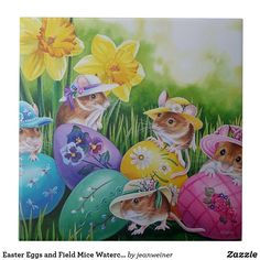 a painting of easter eggs and mice with daffodils in the back ground