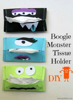 three monster tissue holders with the words boogie monster tissue holder diy on them