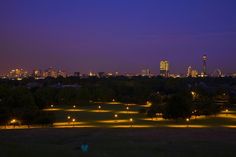 the city skyline is lit up at night with bright lights in the grass and trees