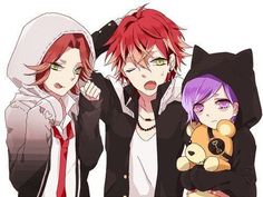 three anime characters are posing for the camera with one holding a teddy bear in his arms