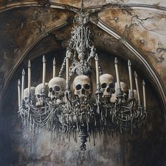 a chandelier with skulls hanging from it's sides and candles in the middle