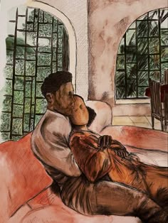 a drawing of a man sitting on a couch in front of a window and looking out the window