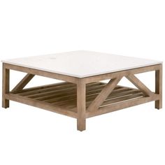 a wooden coffee table with a white marble top and shelf underneath the bottom, on a white background