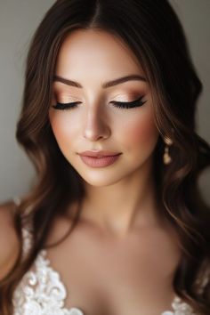 a woman with long brown hair wearing a wedding dress and makeup looks down at the camera