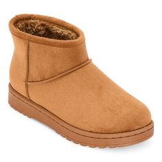 You'll love the way these Arizona Jean Co. women's booties keep your feet nice and cozy during the chilly months. The pull-on style features a soft fabric upper with a faux fur lining, a plain toe, a flat heel, and a rubber sole. Their short ankle height pairs perfectly with jeans and a chunky sweater.Closure Type: Pull OnShaft Circumference: 12 3/4 InchesBoot Shaft Height: 4 InchesShoe Heel Height: 1 1/4 InchesUpper/Outer Base Material: 100% Fabric UpperShoe Lining Material: FabricSole Material Women's Booties, Winter Shoes For Women, Boots Winter, Boots Brown, Chunky Sweater, Brown Boots, Winter Boots, Soft Fabric, Soft Fabrics