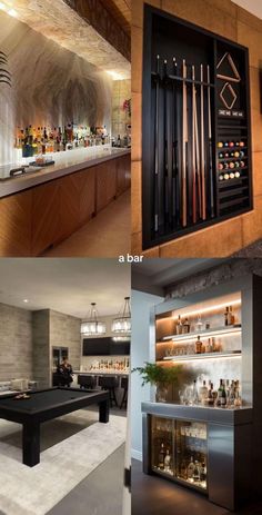 there are many different types of bar designs in this room, including the pool table