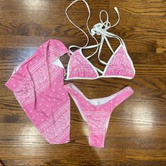 Pink And White Bikini And Sarong Skirt Set, Size Medium Never Worn Sarong Skirt, 3 Piece, Womens Swim, Pink White, Skirt Set, Cover Up, Womens Sizes, Pink, Women Shopping