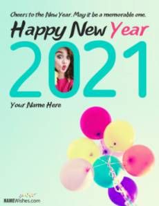 a happy new year card with balloons in the shape of a number and an image of a woman sticking her tongue out