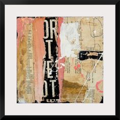 an art piece with torn paper and words on the front, framed in black frame