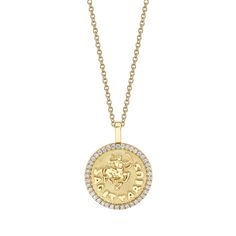 18k gold SAGITTARIUS zodiac coin pendant with diamond frame.  .48cts diamonds  20 inch chain with loops at 18 and 16 inch.  *Custom engraving available please email info@anitako for more information.  #AKZC-SAG Sagittarius Zodiac, Ring Trends, Loop Earrings, Zodiac Sagittarius