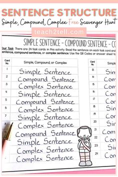 the sentence structure worksheet for students to use in their writing and spelling skills