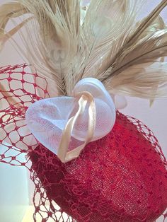 Red Sinamay hat with Feathers, Red Pill box hat, RED- Crinoline and Red Vintage Veiling, Church hat Pill Box Hat, Box Hat, Sinamay Hats, Red French, Church Hat, Pillbox Hat, Church Hats, Red Vintage, Mother Of The Bride