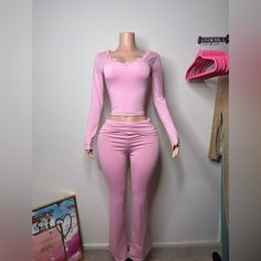 Two Piece Set New Pink High Waist Stretchy Set, Trendy Pink Two-piece Bottoms Set, Pink V-neck Stretch Sets, Pink Stretchable Two-piece Set, Pink Fitted High-waisted Pants Set, Pink Set, Two Piece Set, Two Piece Sets, Really Cute Outfits