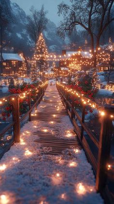 a wooden walkway covered in snow with christmas lights on the trees and bushes behind it