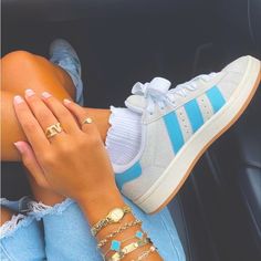 Unique Blue Striped Adidas Campuses | Trending | Unique | Summer | Super Cute | #Adidas #Adidascampus #Blueadidas #Blueadidascampuses #Shoes #Trendingshoes Addidas Shoes Outfits Summer, Shoes In Style 2024, Cute Sneakers Aesthetic, Trendy Adidas Shoes, Adidas Shoes Aesthetic, Shoe Ideas For Women, Blue Adidas Campus, Summer Tennis Shoes, Shoe Organizer Ideas