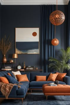 a living room with blue walls and orange accents