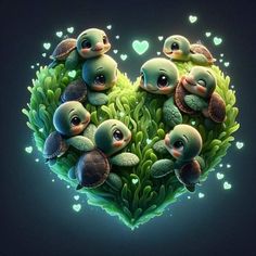 three baby turtles sitting on top of each other in the shape of a heart with leaves and hearts