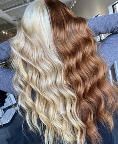 Half Copper Half Blonde Hair, Half Split Hair Color, Blonde With Red Underneath Hair, Half Blonde Half Ginger Hair, Blonde And Brown Split Dye, Ginger Split Dye, Split Dyed Hair Brown And Blonde, Half Hair Color, Redhead Hair Color