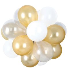 gold and white balloons are arranged in the shape of a flower on a white background