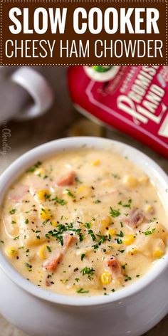 a bowl of slow cooker cheesy ham chowder