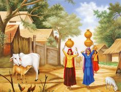 two women are standing in the middle of a village with animals and pots on their heads