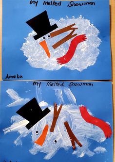 two pictures of snowmen made out of paper with words on the front and bottom