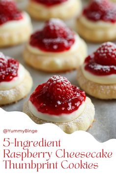 there are several cookies with raspberry cheesecake toppings on them and the title says, 5 ingredient raspberry cheesecake thumbprint cookies