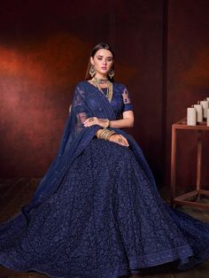 Blue Net Lehenga, Net Lehenga Choli, Wedding Lehenga Designs, Resham Work, Lehenga Blouse Designs, Blue Lehenga, Net Lehenga, Embroidered Lehenga