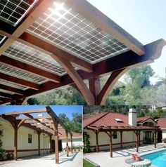 the sun shines brightly through the roof of a house next to a swimming pool