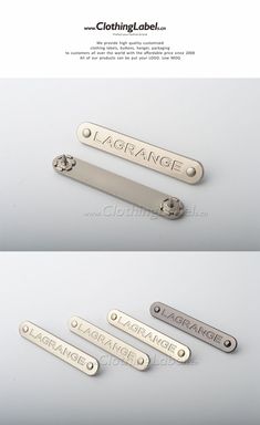 three different types of metal name tags on a white surface with the names of each type