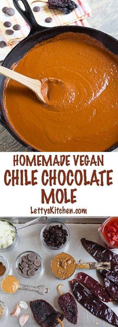 homemade vegan chile chocolate mole in a cast iron skillet with spoons