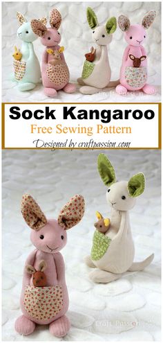 three stuffed animals are shown in different colors and sizes, with the text sock kangaroo free sewing pattern