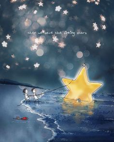 an image of two people pulling a star in the water with one person holding on to it