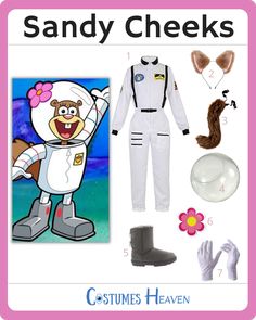 the costume for sandy cheeks is shown in pink and white, with an image of her character