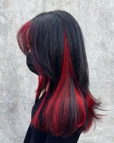 Red Hair Streaks, Coloured Highlights, Black And Red Hair, Strands Hair, Longer Thicker Hair, Glowing Hair, Rock Hair, Black Red Hair, Red Ombre Hair