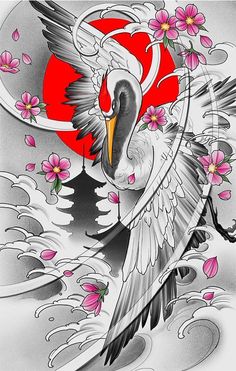 a white bird with pink flowers on it's wings flying in front of a red sun