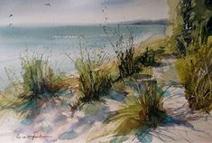 watercolor painting of beach scene with grass and seagulls