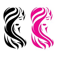 two women's faces with long hair in black and pink colors on white background