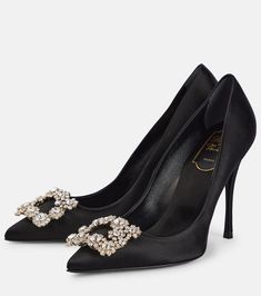 Find ROGER VIVIER Flower Strass Satin Pumps on Editorialist. Lining: leather. Upper: fabric. Comes with dust bag. Sole: leather insole and sole. Toe shape: pointed toe. Comes with a box. Made in Italy. Roger Vivier Heels, Vivier Shoes, Roger Vivier Shoes, Jeweled Shoes, Satin Noir, Elegant High Heels, Jeweled Sandals, Rhinestone Shoes, Blue Pumps