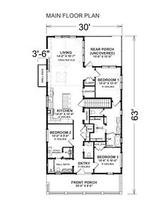 the main floor plan for a small house with three bedroom and an attached garage area