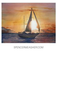 a painting of a sailboat in the ocean at sunset