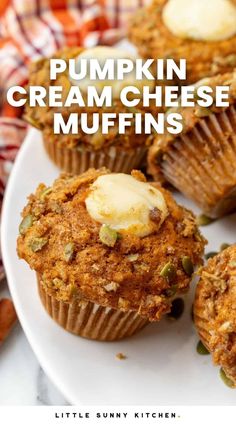 pumpkin cream cheese muffins on a white plate with text overlay that reads, pumpkin cream cheese muffins